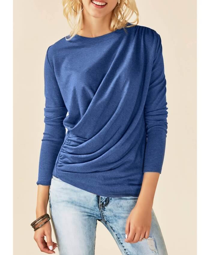 Long Sleeve Draped Round Neck Blue T Shirt